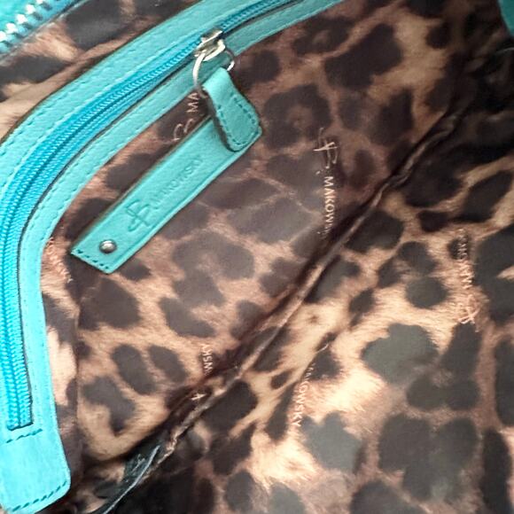 B Makowsky Bright Teal Blue Soft Leather Slim Ruched Front Studded Crossbody Bag - Picture 7 of 7